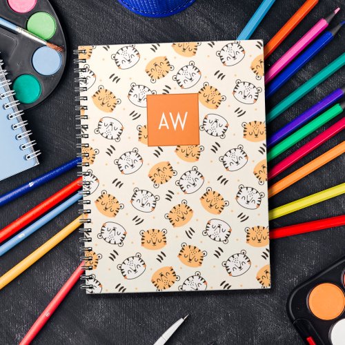 Cute cartoon wild tiger with monogram kids notebook