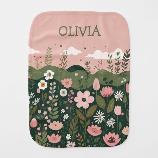 Cute Cartoon Wildflowers Floral Personalized  Baby Burp Cloth (Front)