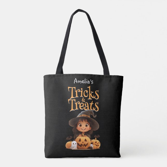 Cute Cartoon Witch Ghosts Pumpkins Trick & Treat Tote Bag (Back)