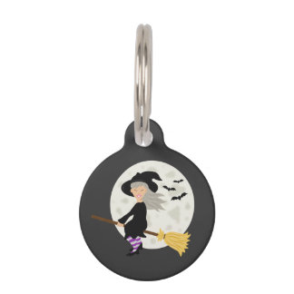 Cute Cartoon Witch Girl Flying By The Moon Pet ID Tag
