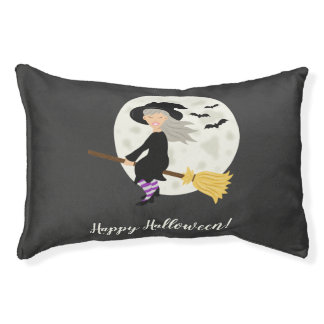 Cute Cartoon Witch Girl & Happy Halloween Text Pet Bed