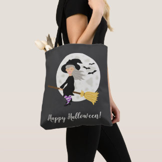 Cute Cartoon Witch Girl &amp; Happy Halloween Text Tote Bag