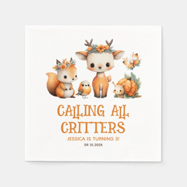 Cute Cartoon Woodland Animals Fall Kids' Birthday  Napkins (Front)