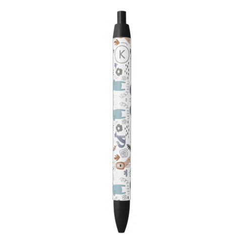 Cute cartoon woodland animals pattern monogram black ink pen