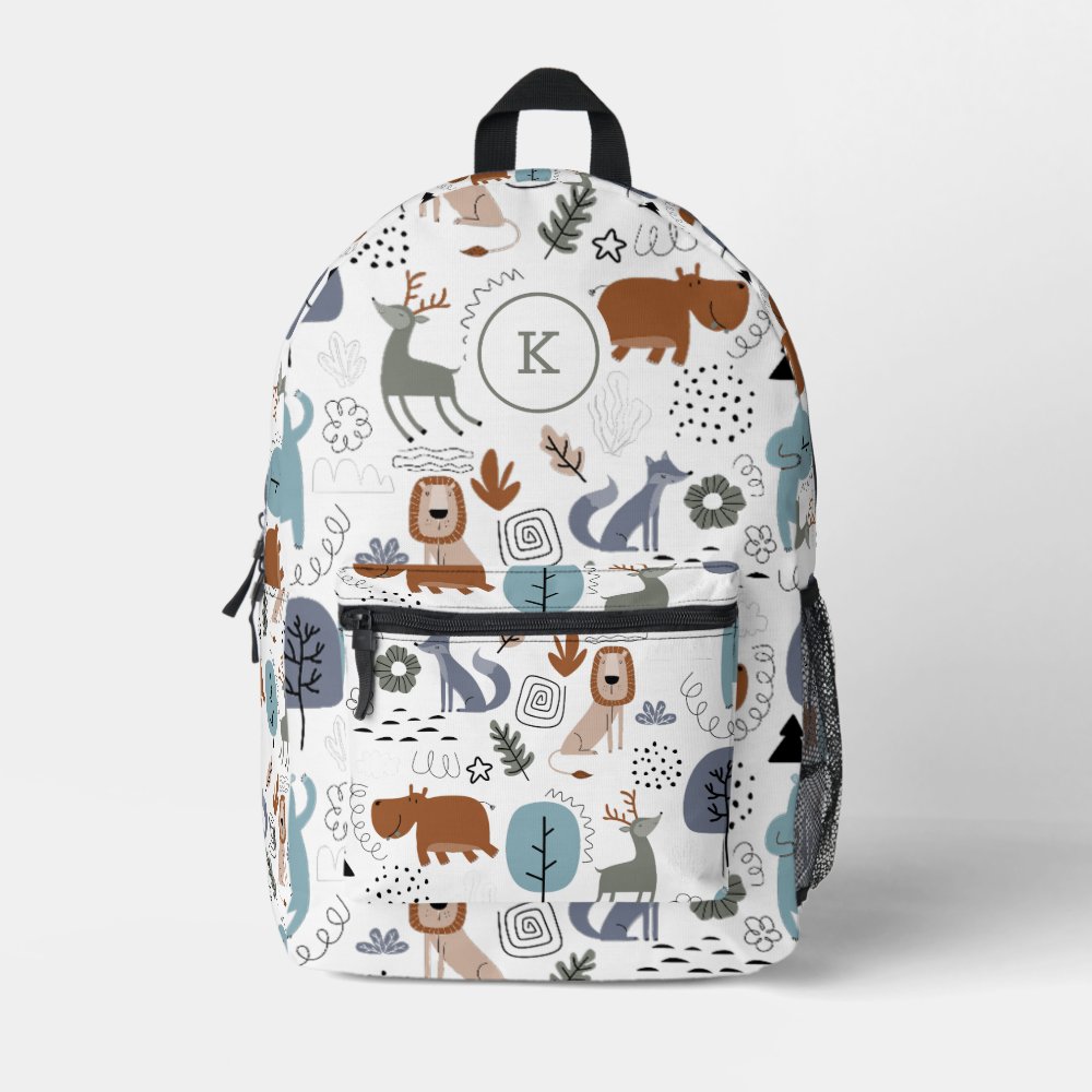 Cute Cartoon Woodland Animals Pattern Monogram Custom Name Kids Backpack