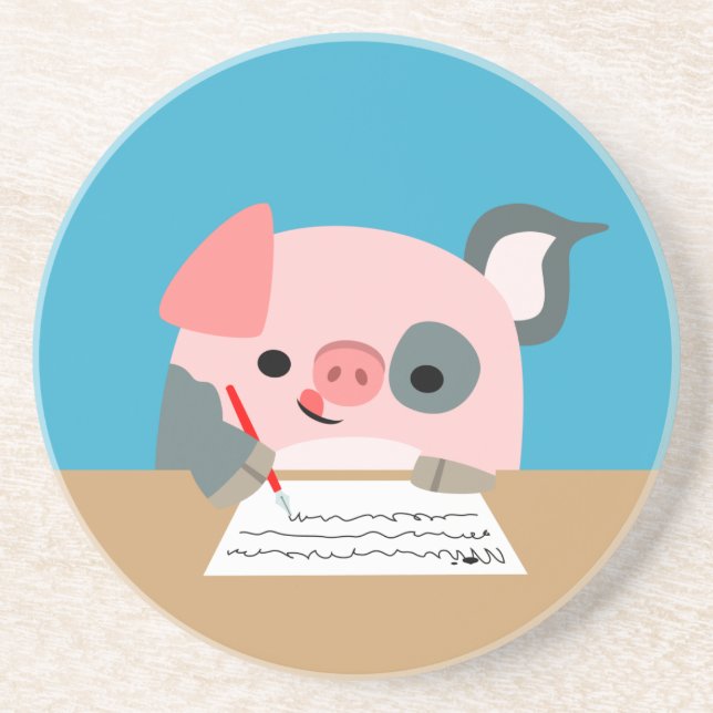 Cute Cartoon Writing Pig Coaster (Front)