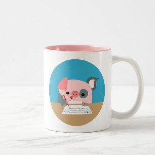 Cute Cartoon Writing Pig Two-Tone Coffee Mug