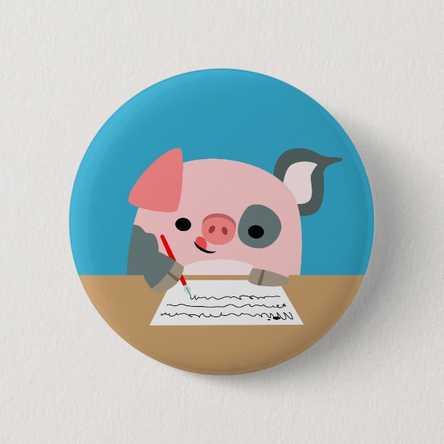 Cute Cartoon Writing Pig Women Button Badge (Front)