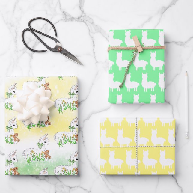 Cute Cartoon Yellow and Green Llama Wrapping Paper Sheets (Front)