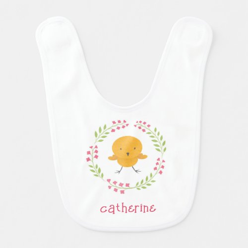 Cute Cartoon Yellow Chick Floral Wreath Baby Bib