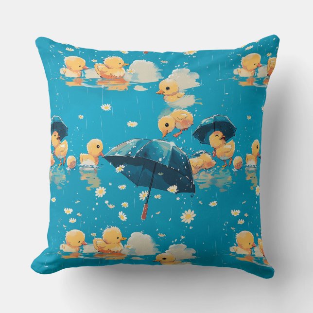 Cute cartoon yellow ducks under an umbrella, playi throw pillow (Front)