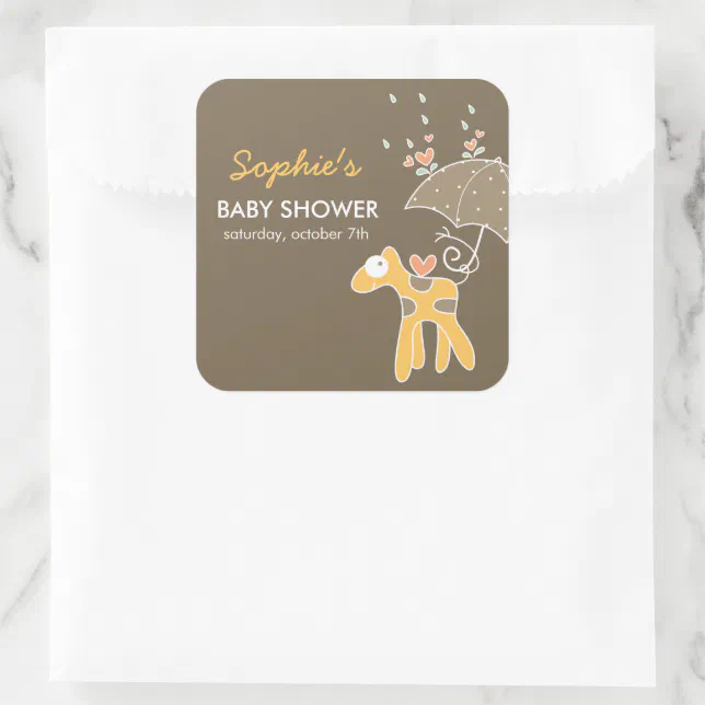 Cute Cartoon Yellow Giraffe & Umbrella Baby Shower Square Sticker | Zazzle