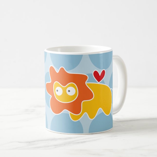Cute Cartoon Yellow Lion Blue Dots Fun Children's Coffee Mug (Front Right)