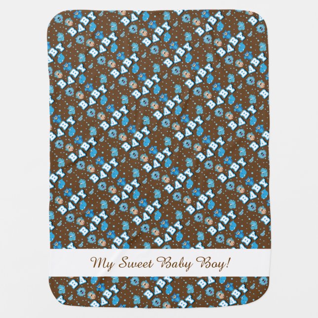 Cute Cartoon Zoo Animals in Blue and Brown Stroller Blanket (Front)