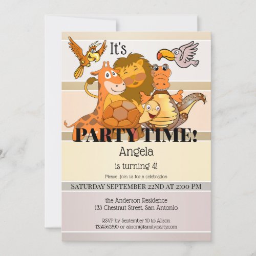 Cute Cartoon Zoo Animals Kids Birthday Party Invitation