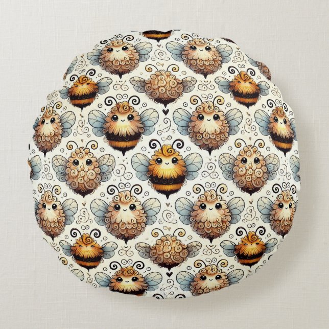 Cute, cartoonish bee round pillow (Front)