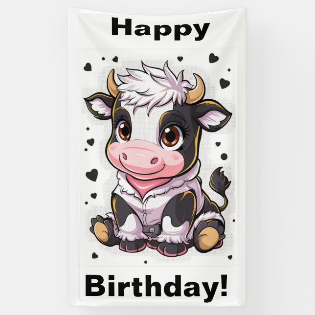Cute cartoonish cow with large expressive eyes banner (Vertical)