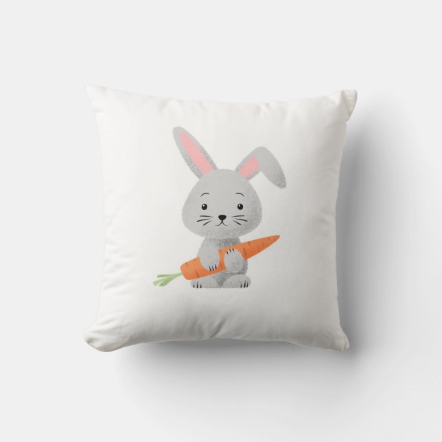 Cute Cartoony Fluffy Bunny Carrot Throw Pillow (Front)
