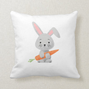 Cute Cartoony Fluffy Bunny Carrot Throw Pillow