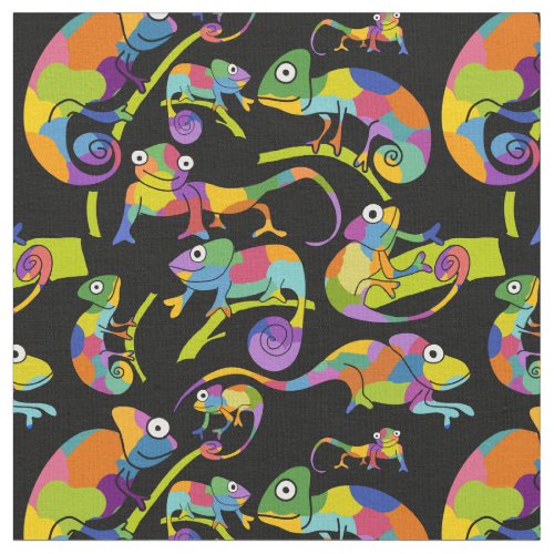 Cute Cartooon Chamelons Bright Colors on Black Fabric