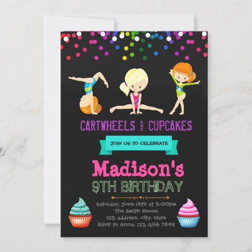 Cute cartwheels and cupcakes birthday invitation