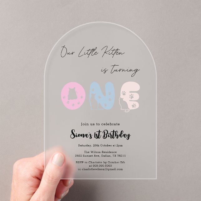 Cute Cat 1st Birthday Acrylic Invitations (Insitu (Handheld))