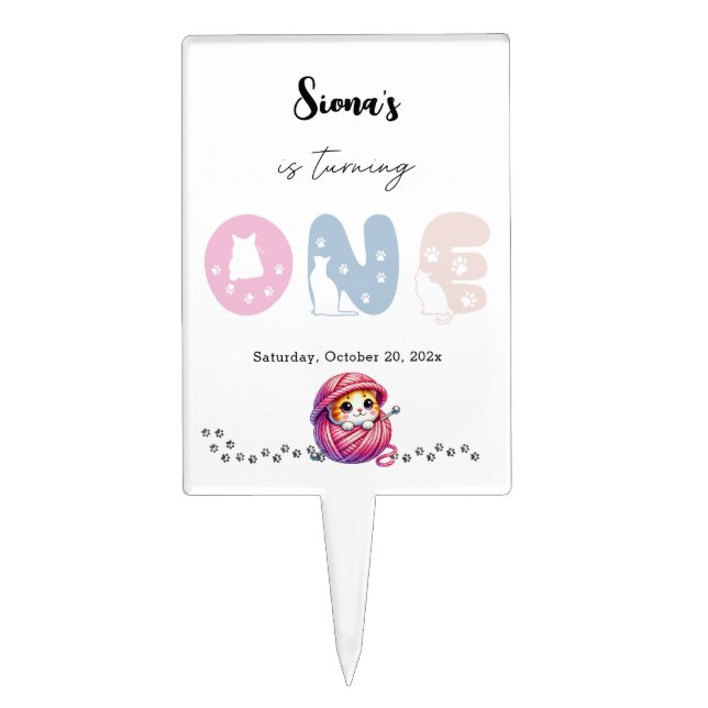 Cute Cat 1st Birthday Cake Pick (Front)
