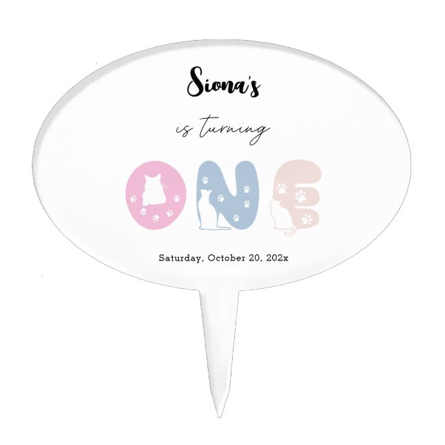 Cute Cat 1st Birthday Cake Pick (Front)