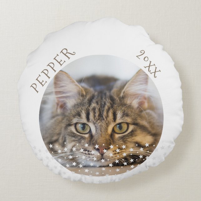 Cute Cat 2 Photos Star Pattern Christmas Round Pillow (Back)