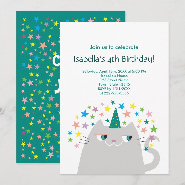 Cute Cat 4th Birthday Invitation Girl Party (Front/Back)