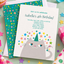 Cute Cat 4th Birthday Invitation Girl Party