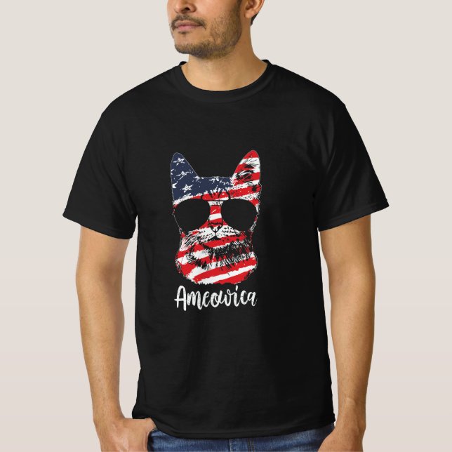 Cute Cat Ameowica USA Flag 4th of July T-Shirt (Front)
