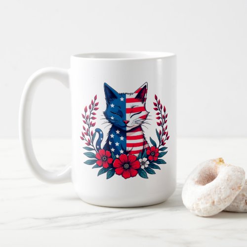 Cute Cat American Flag and Red Flowers Patriotic  Coffee Mug