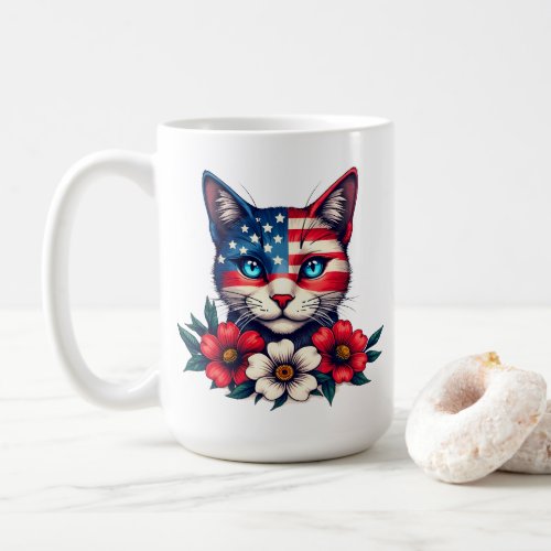 Cute Cat American Flag and Red Flowers Patriotic  Coffee Mug