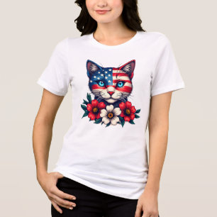 Cute Cat American Flag and Red Flowers Patriotic Tri-Blend Shirt