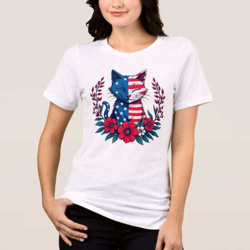 Cute Cat American Flag and Red Flowers Patriotic  Tri_Blend Shirt