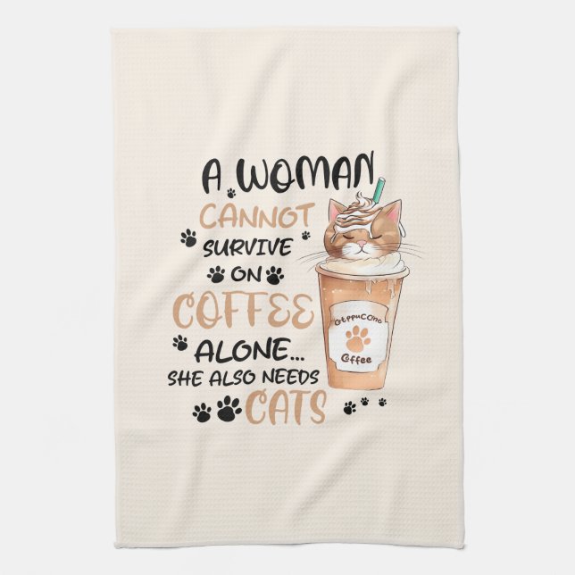 Cute cat and a Cup of Coffee Kitchen Towel (Vertical)