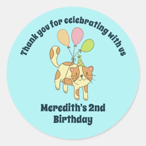 Cute Cat and Balloon Cartoon Kids Birthday Party Classic Round Sticker