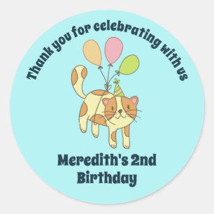 Cute Cat and Balloon Cartoon Kids Birthday Party Classic Round Sticker