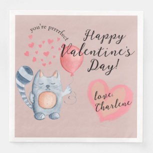 Cute Cat and Balloon Valentine's Day Paper Dinner Napkins