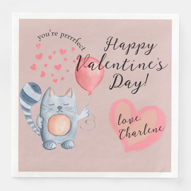 Cute Cat and Balloon Valentine's Day Paper Dinner Napkins (Front)