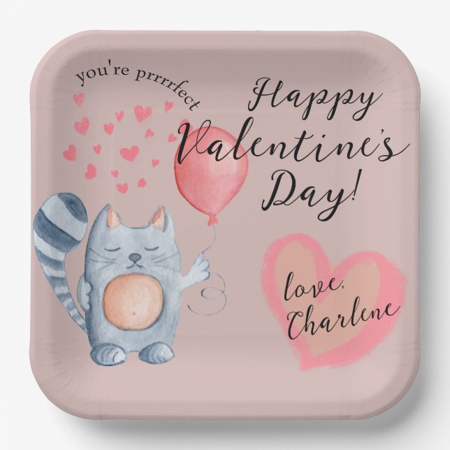 Cute Cat and Balloon Valentine's Day Paper Plates (Front)