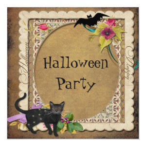 Cute Cat and Bat Vintage Halloween Party Card