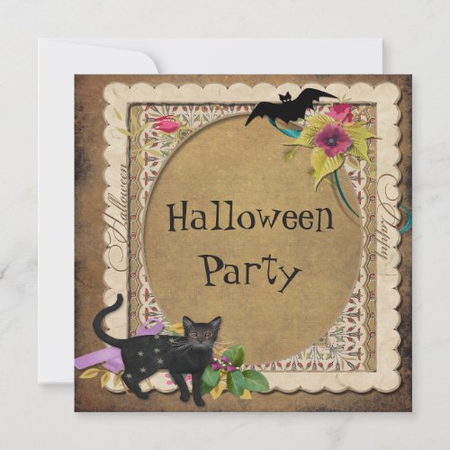 Cute Cat and Bat Vintage Halloween Party Invitation