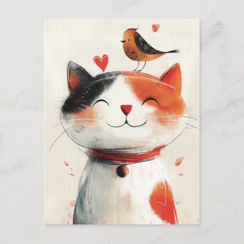 Cute Cat and Bird Friends Postcard