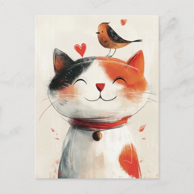 Cute Cat and Bird Friends Postcard (Front)