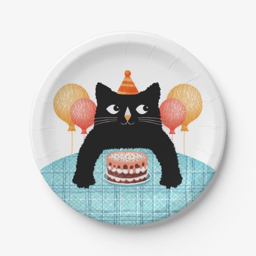 Cute cat and birthday cake Purrfect Party Paper Plates