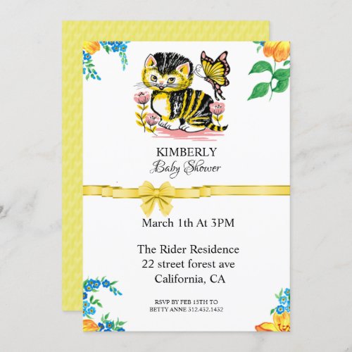 Cute Cat And Butterfly Baby Shower Invitation