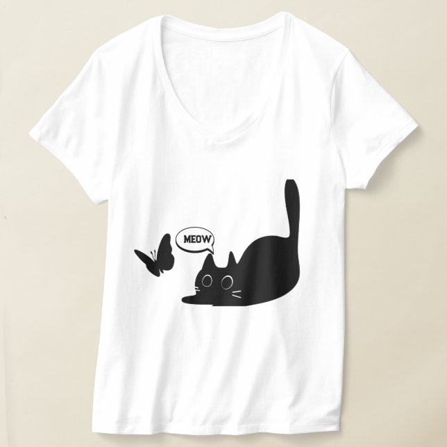 Cute Cat and Butterfly Meow  T-Shirt (Laydown)