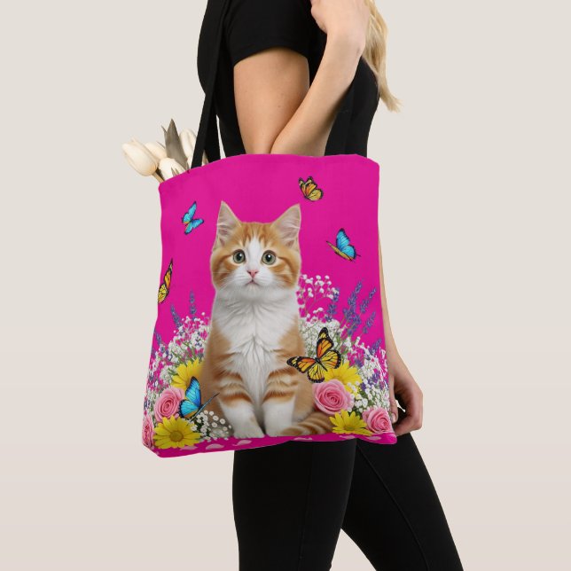Cute Cat and Butterfly Tote Bag (Close Up)